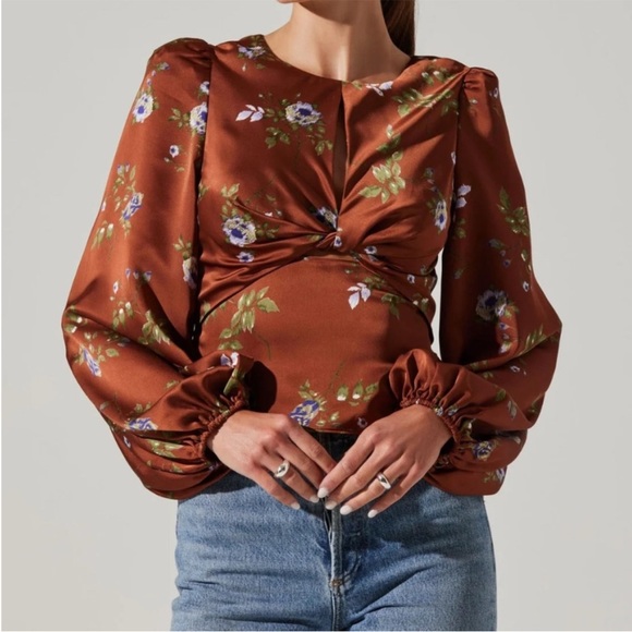 Astr Tops - ASTR The Label Brown Blue Bishop Sleeves Twist Floral Size M